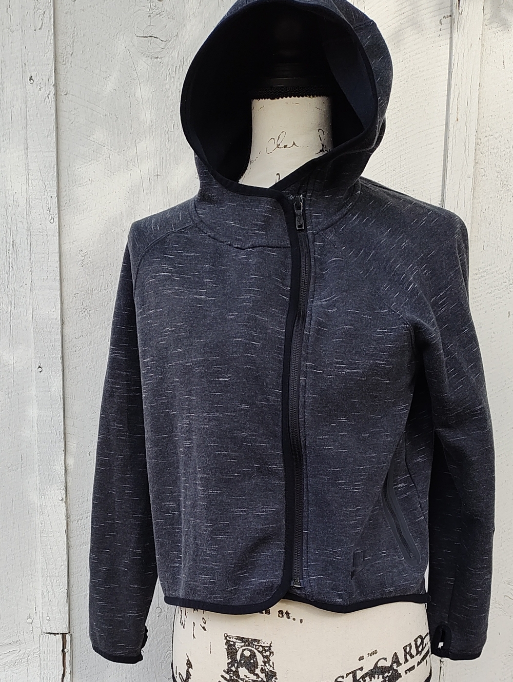 Nike Women's Dark Charcoal Heather Zip-Up Hooded Jacket Thumb Holes, Zip Pockets